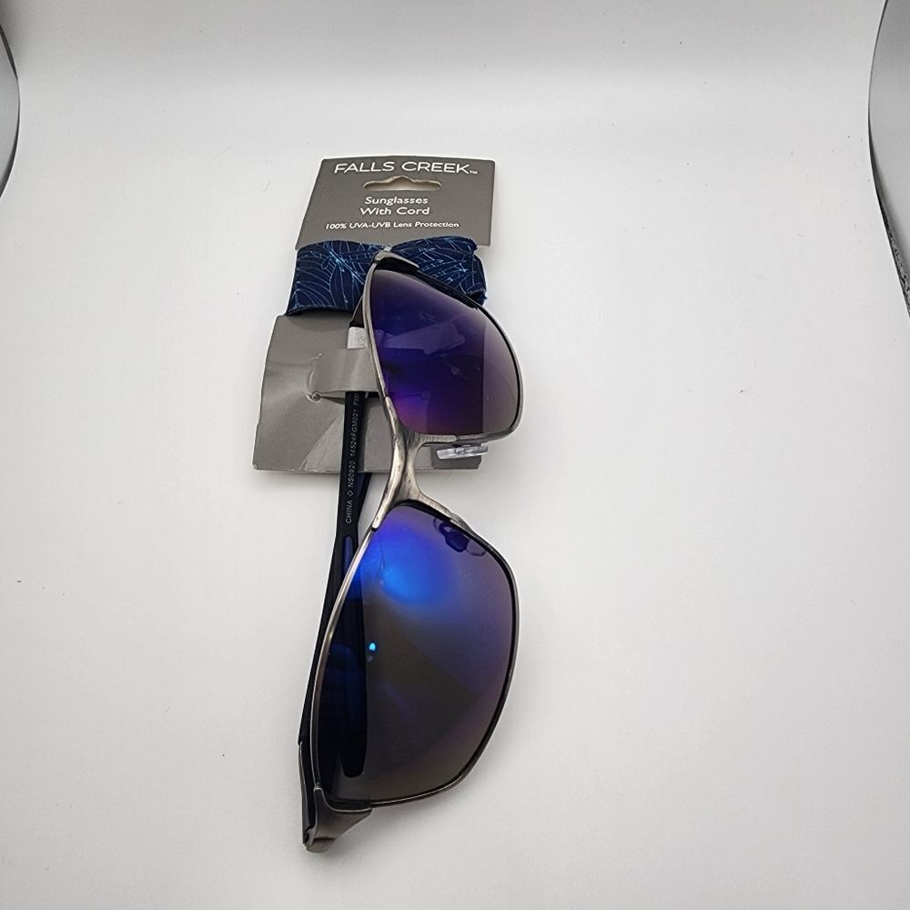 NWT Falls Creek Silver & Black Sunglasses & Blue Leaf Cord